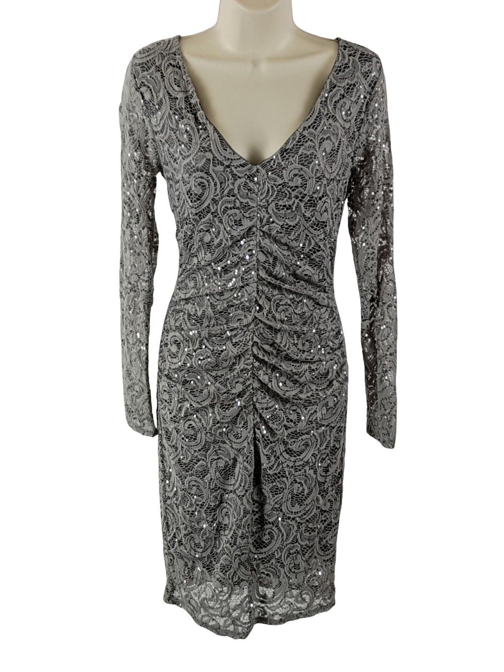 VENUS Silver Sequined Grey Crochet Lace Overlay V-Neck Long Sleeve Ruched Dress
